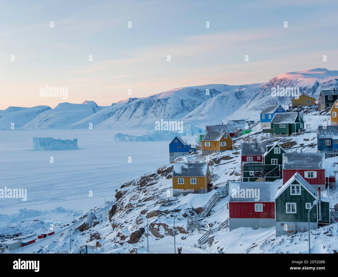 Town Uummannaq during winter in northern Greenland. Background is Nussuaq (Nugssuaq) peninsula. America, North America, Denmark, Greenland Stock Photo