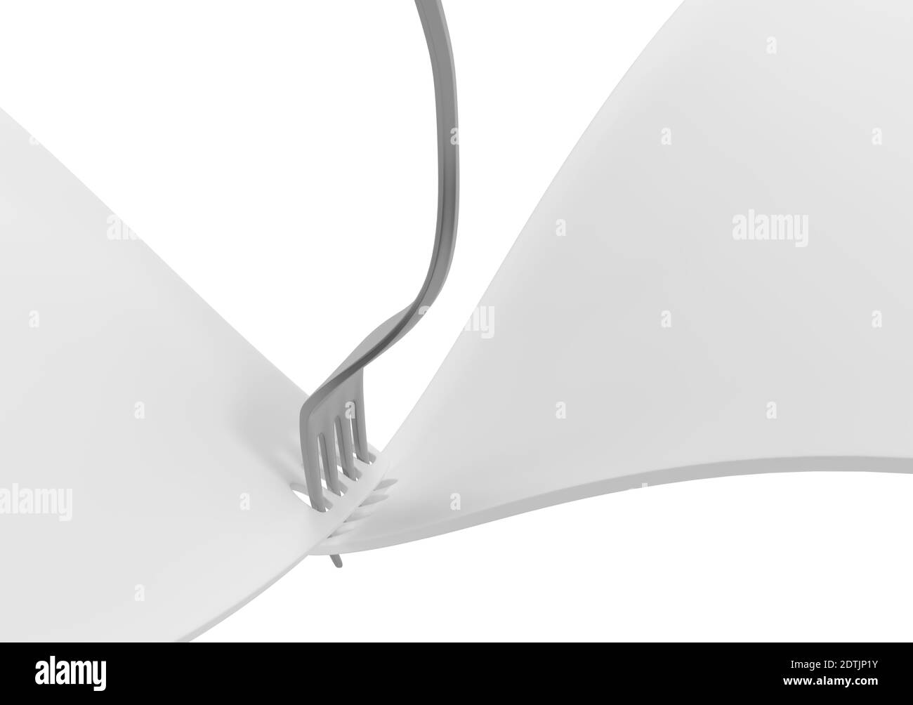 Fork metal pinning two white surfaces together, 3d illustration, horizontal, isolated, over white Stock Photo
