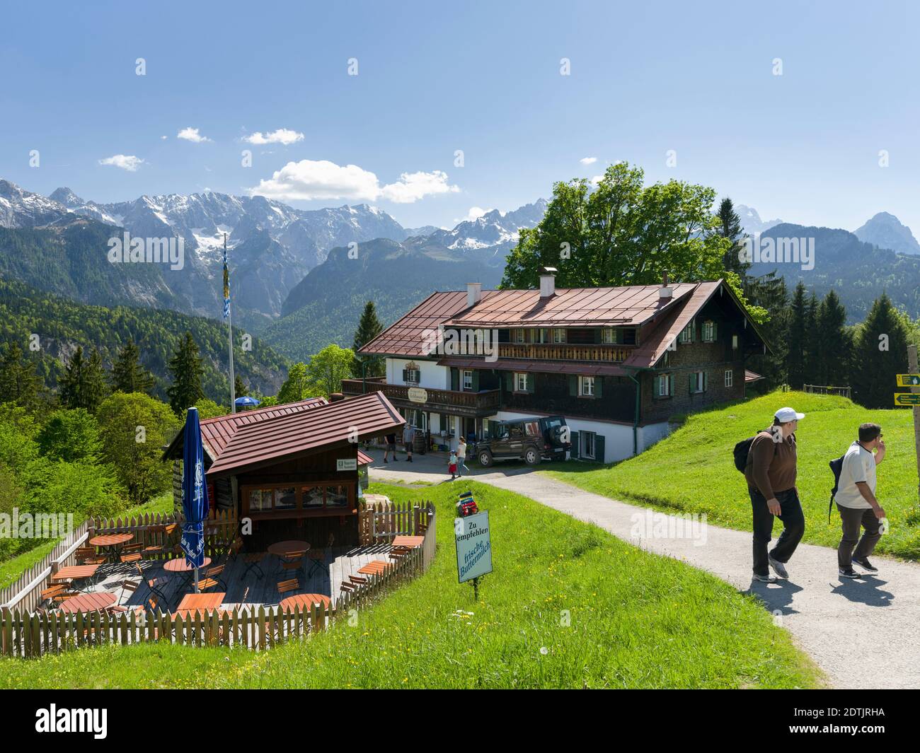 Wetterstein mountain range seen from moutain inn Eckbauer, near Garmisch Partenkirchen. Europe, central europe, germany, bavaria Stock Photo