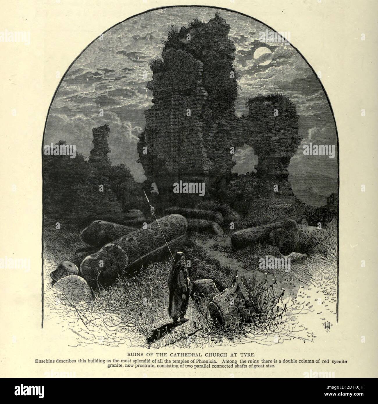 Wood engraving of Ruins of the cathedral church at Tyre. Eusebius describes this building as the most splendid of all the temples of Phoenicia. Among the ruins there is a double column of red syenite granite, now prostrate, consisting of two parallel connected shafts of great size. from 'Picturesque Palestine, Sinai and Egypt' by Wilson, Charles William, Sir, 1836-1905; Lane-Poole, Stanley, 1854-1931 Volume 3. Published in by J. S. Virtue and Co 1883 Stock Photo