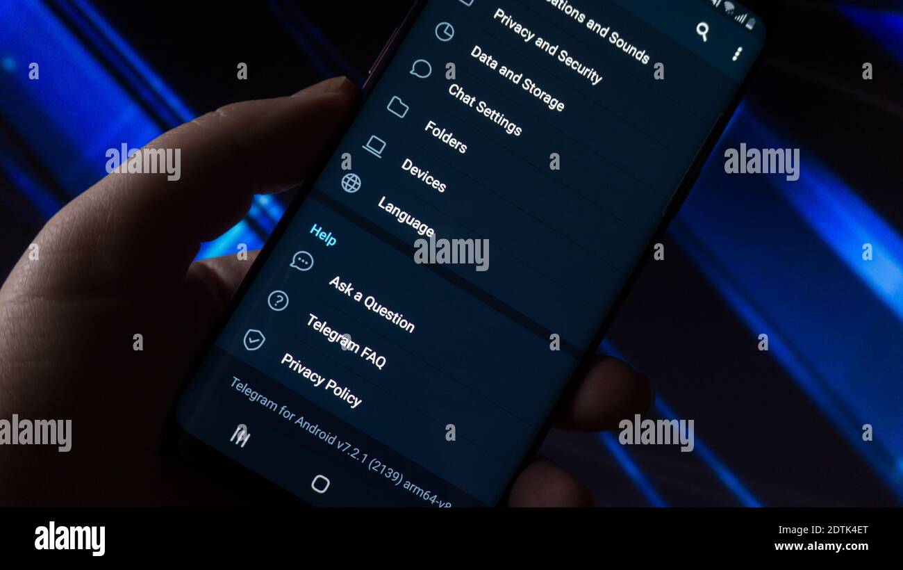 Telegram messenger app dark theme interface, settings on smartphone ...