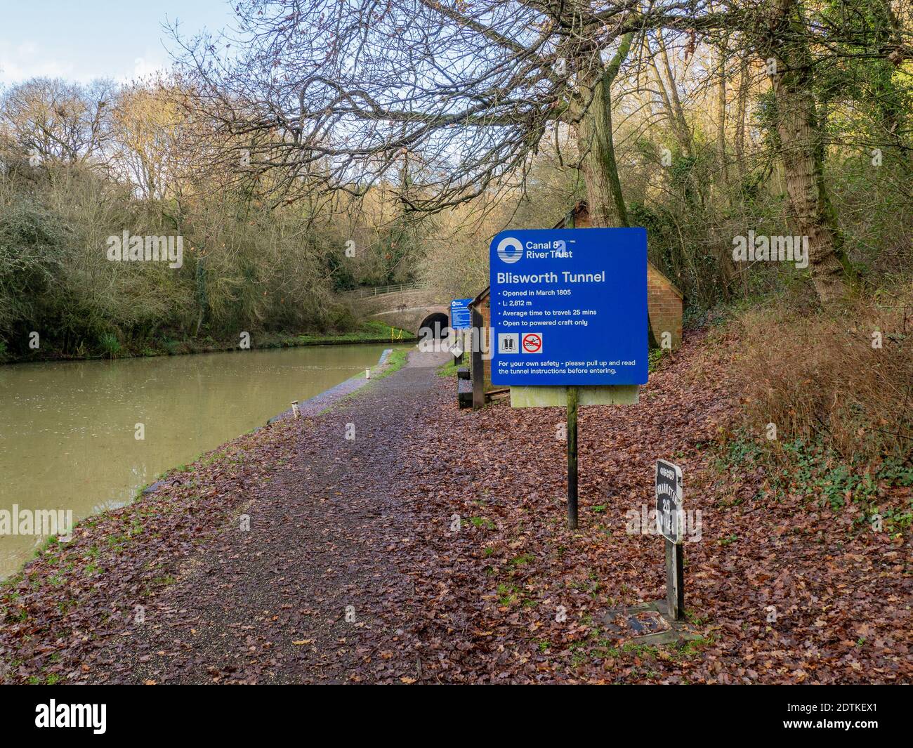 Canal & River Trust information board for Blisworth Tunnel on the canal towpath at Stoke Bruerne, Northamptonshire, UK Stock Photo