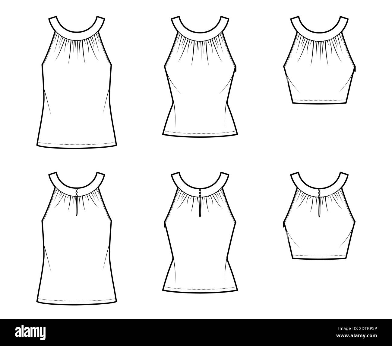 Set of Tops rounded neck band tank technical fashion illustration with ruching, fitted and oversized body, tunic and waist length hem. Flat template front, back, white color. Women, men CAD mockup Stock Vector