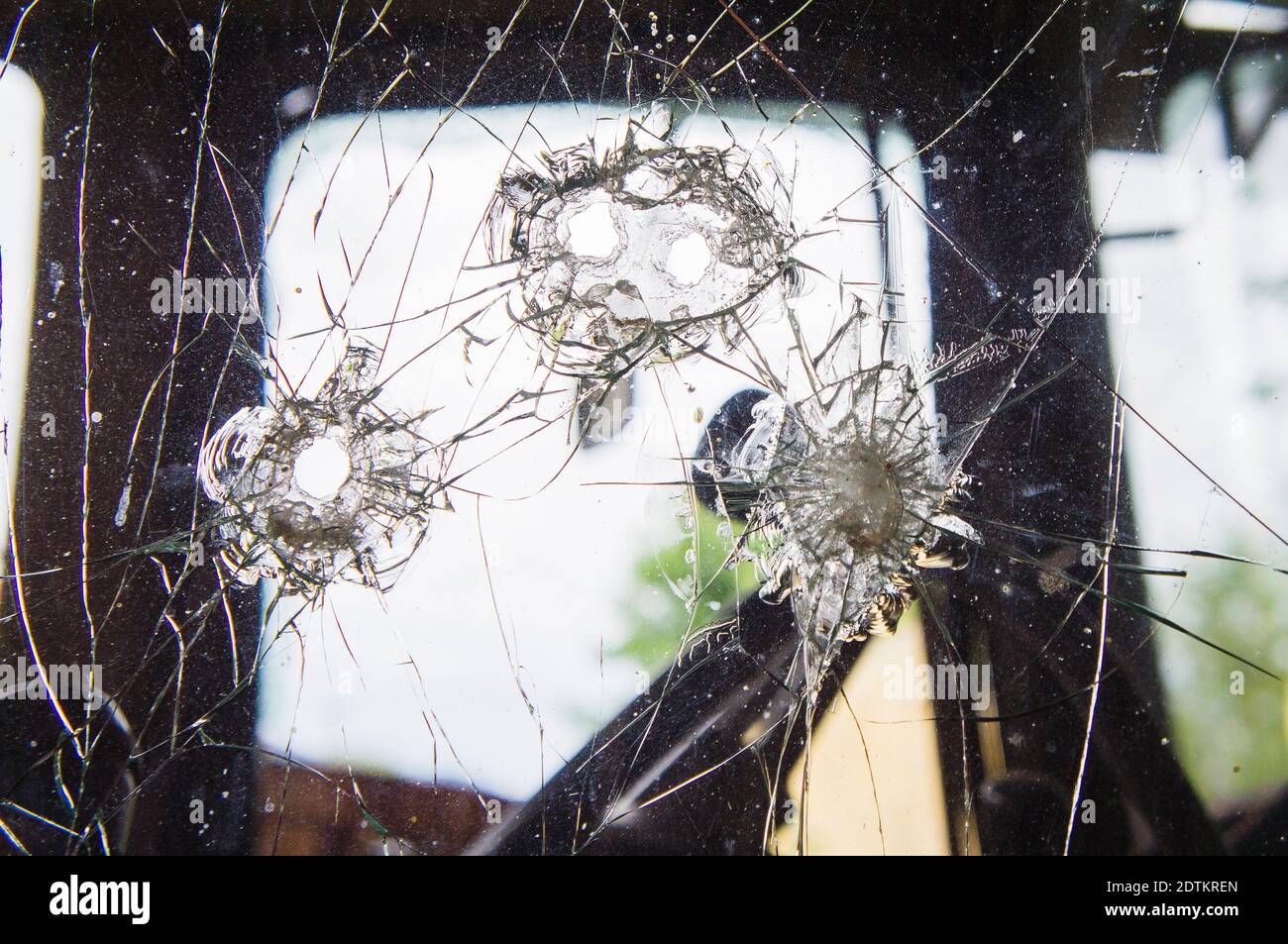 bullet hole shot through glass, tractor window, Czech Republic on September 15, 2012. (CTK Photo/Libor Sojka) Stock Photo