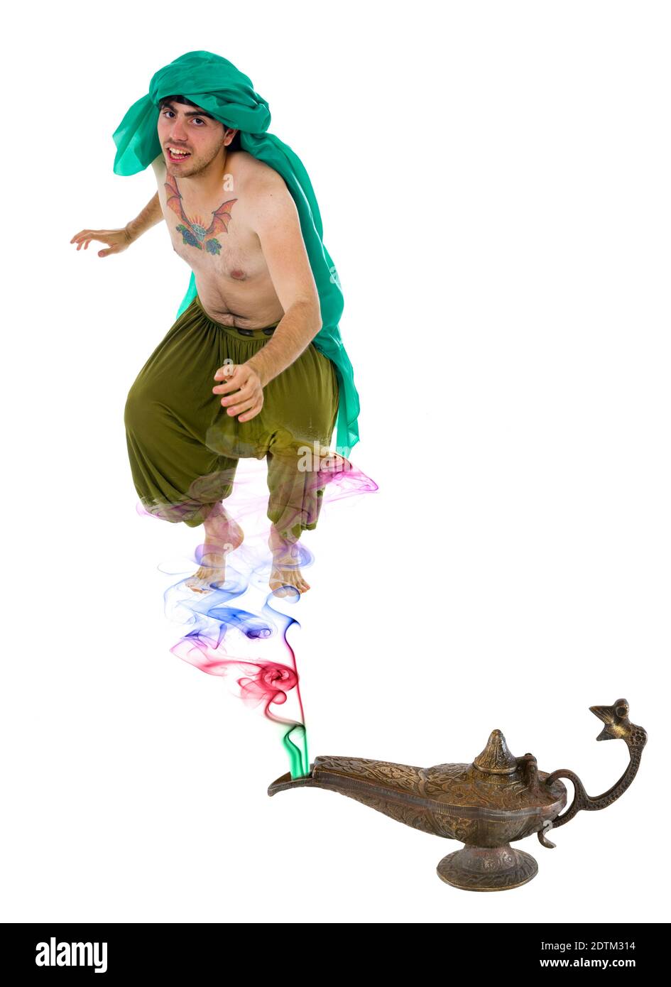 Genie emerges from a lantern with a puff of colourdul smoke On white Background Stock Photo