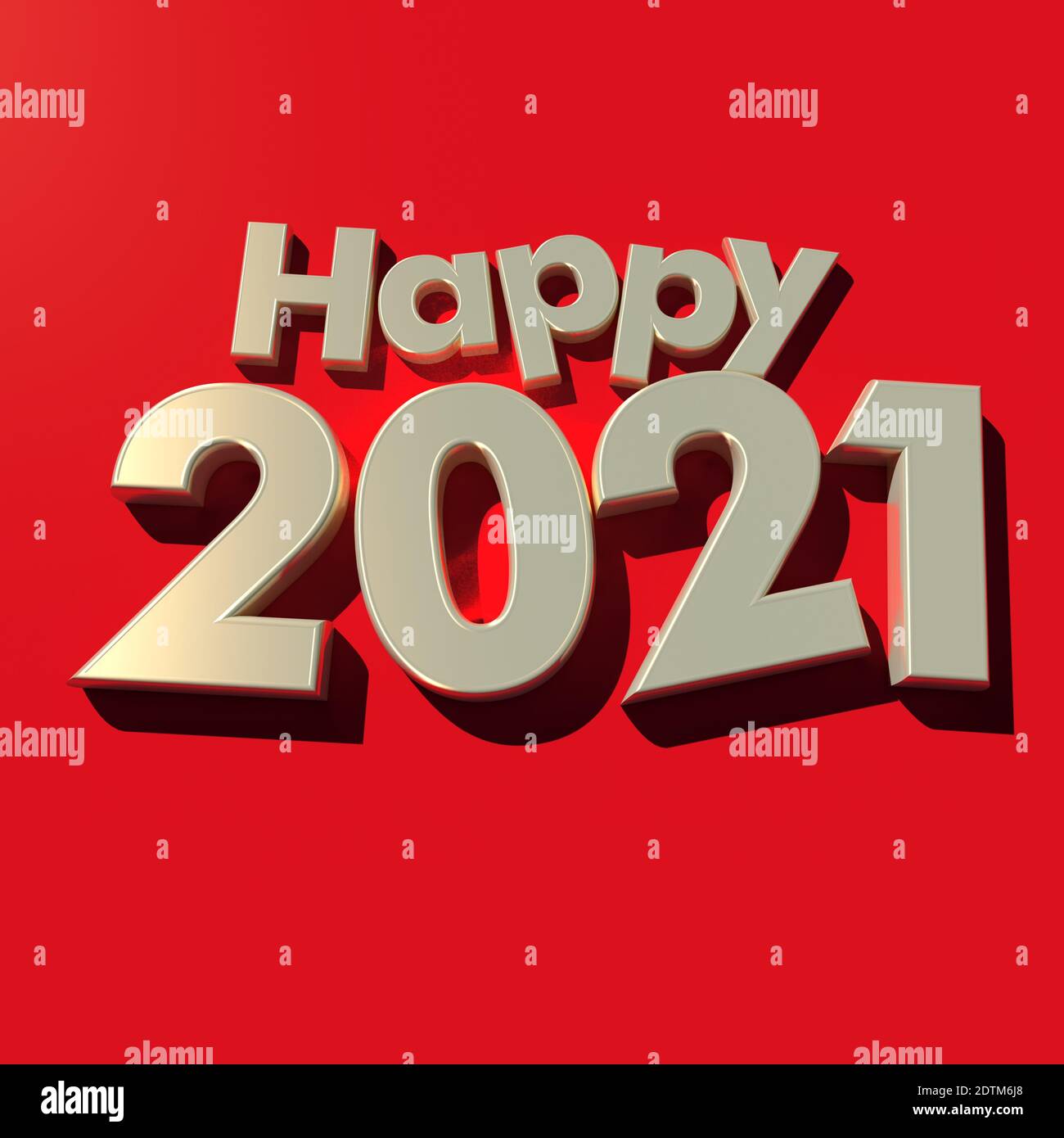 3D rendering of the writing Happy 2021 in golden letters on a red