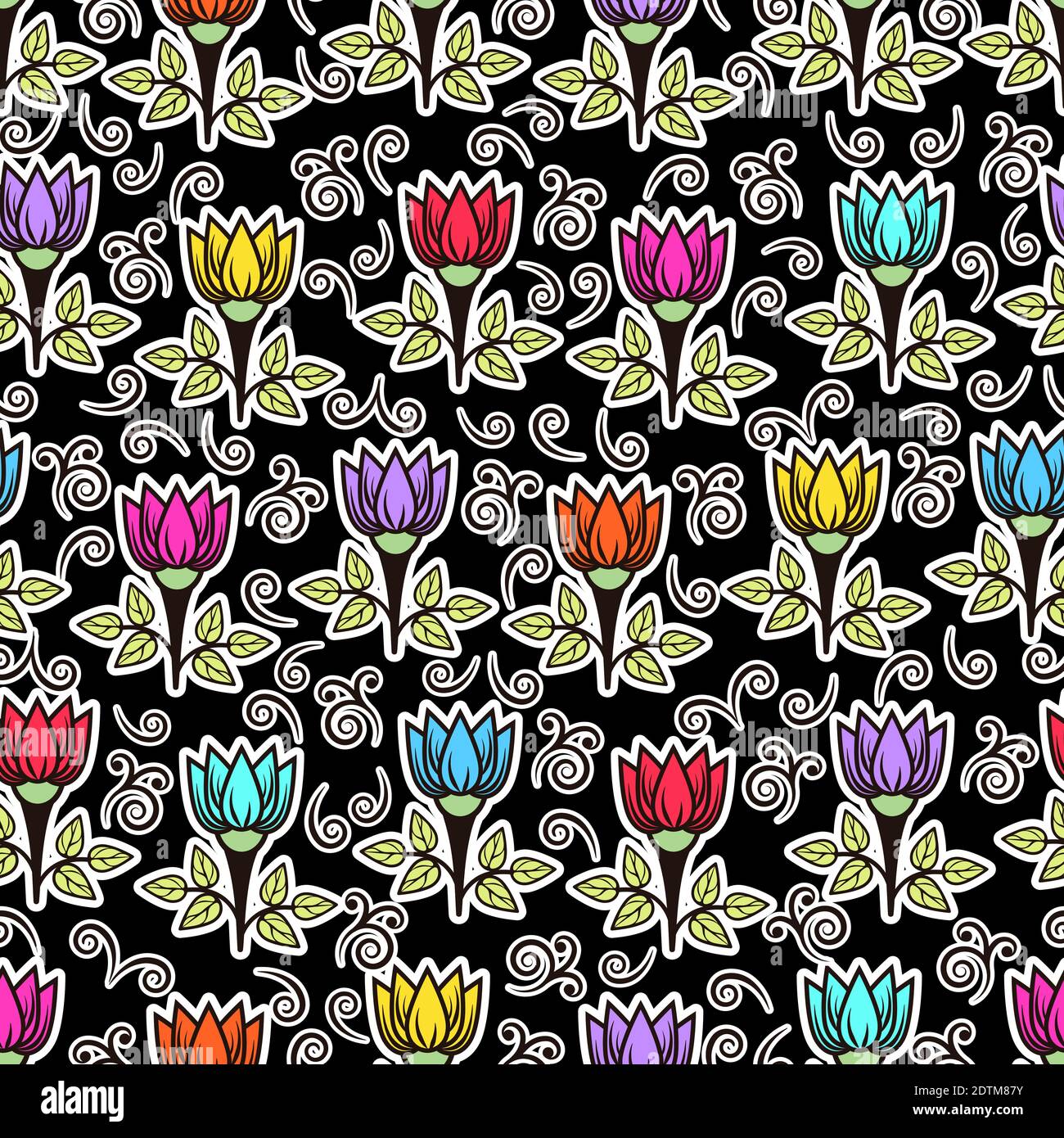 Floral seamless pattern, colorful blooming background. Cute multicolor flower buds on stems with leaves with white outline on black backdrop. For fabr Stock Vector