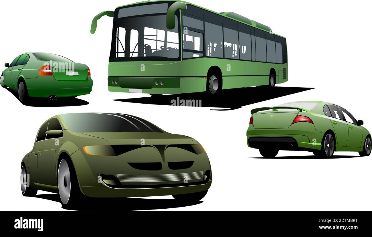 Green four cars and green City bus. Vector illustration Stock Vector