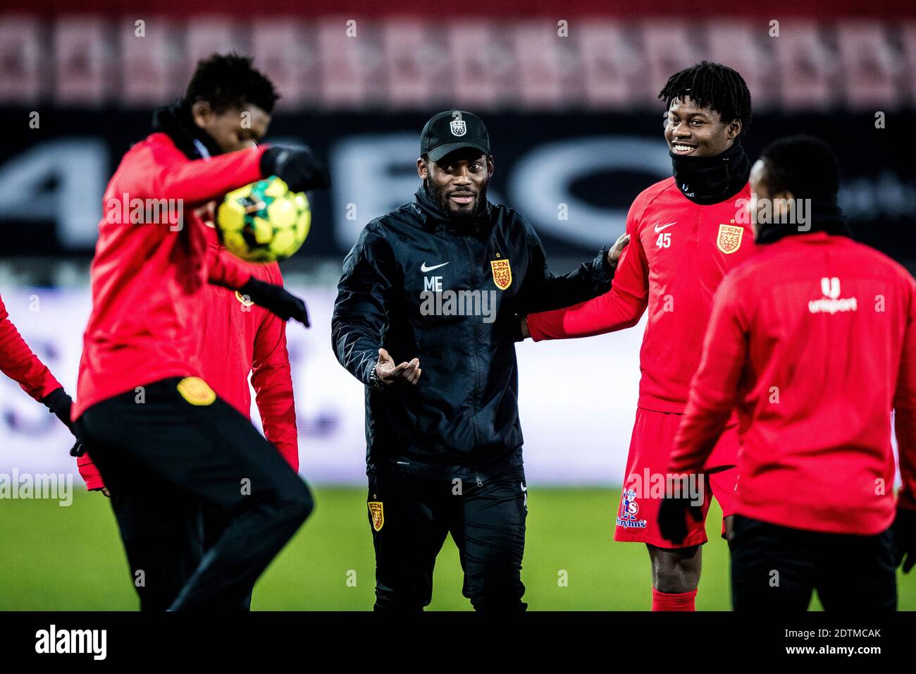 Herning, Denmark. 21st Dec, 2020. Coach Michael Essien of FC Nordsjaelland seen during the warm up for the 3F Superliga match between FC Midtjylland and FC Nordsjaelland at MCH Arena in Herning. (Photo Credit: Gonzales Photo/Alamy Live News Stock Photo