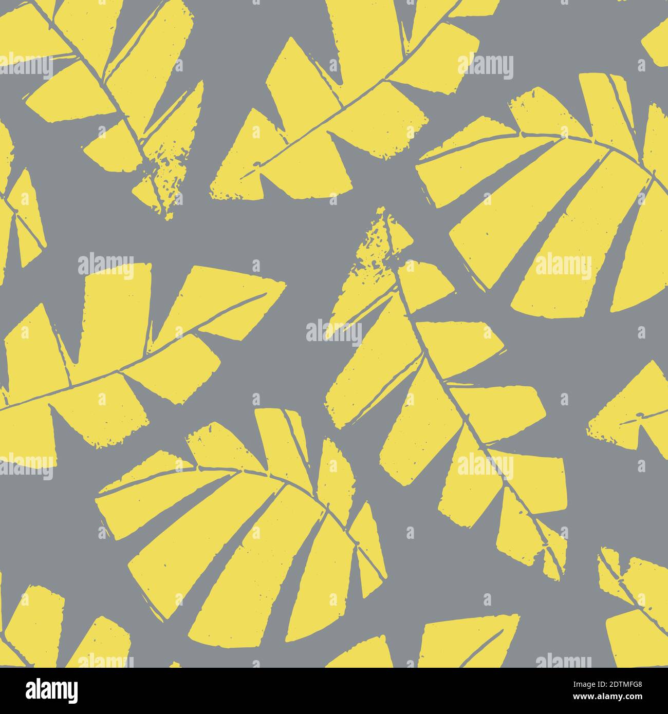 Mono print style scattered leaves seamless vector pattern background. Textured cut out yellow foliage on grey backdrop. Hand crafted painterly design Stock Vector