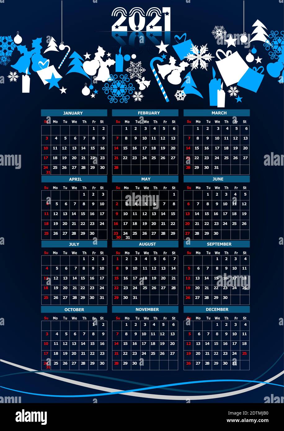 2021 calendar with Christmas images. Vector illustration Stock Vector