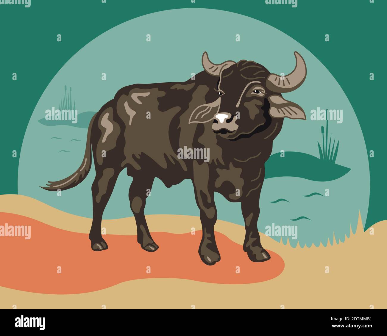 Vector image of Cow, Bull, water Buffalo flat illustration, symbol of 2021, Ox year on the Chinese calendar on green background Stock Vector