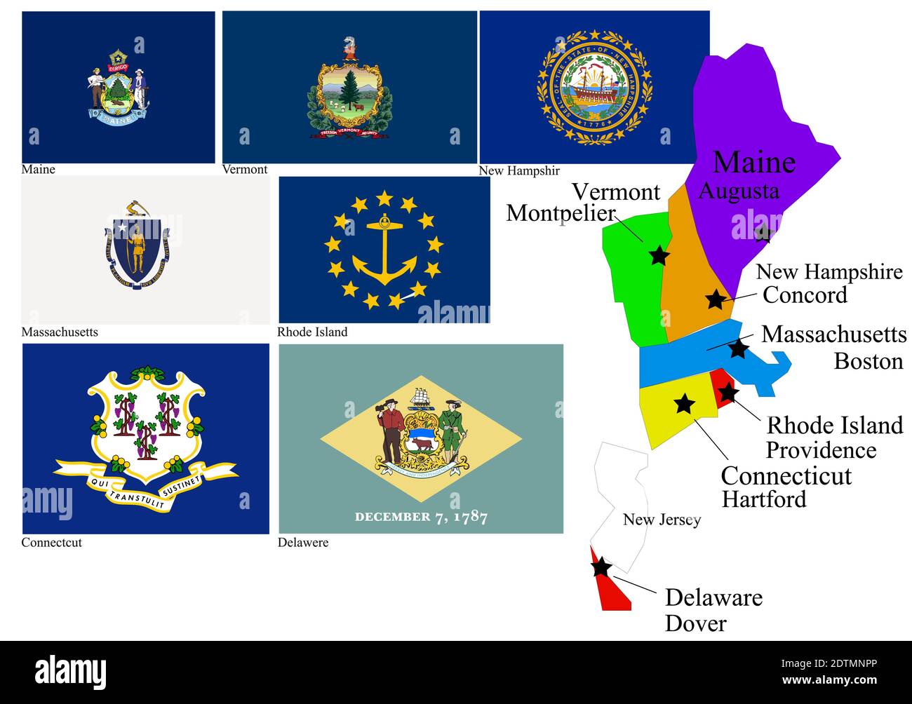 East  States (Maine, Vermont, New Hampshir, Massachusetts,Rhode Island, Connecticut, Delawere) of Usa flag and map, vector illustration Stock Vector