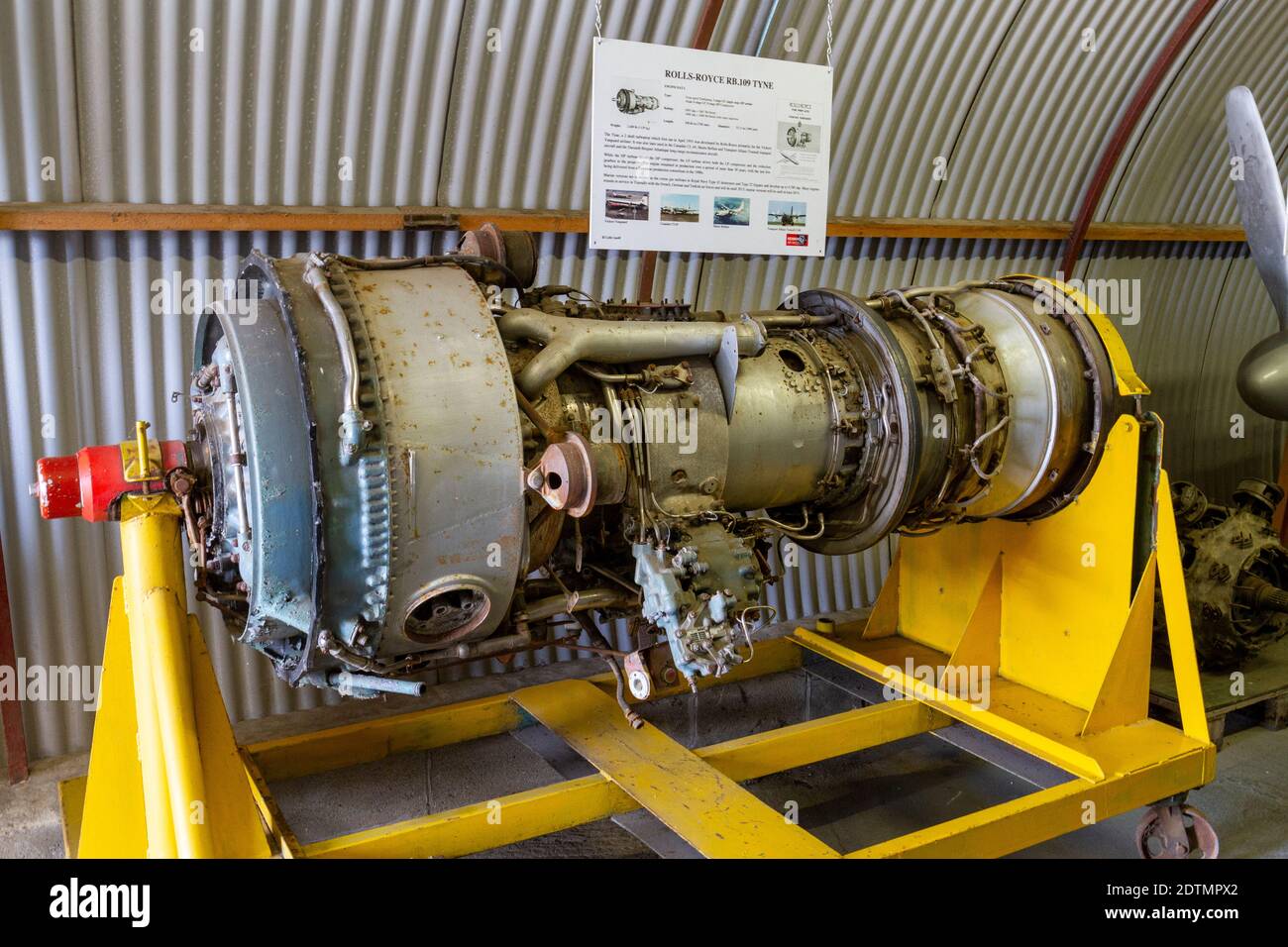 A Rolls Royce RB.109 Tyne twin spool Turboprop engine, Engine Building, Newark Air Museum, near Newark-on-Trent, Nottinghamshire, UK. Stock Photo