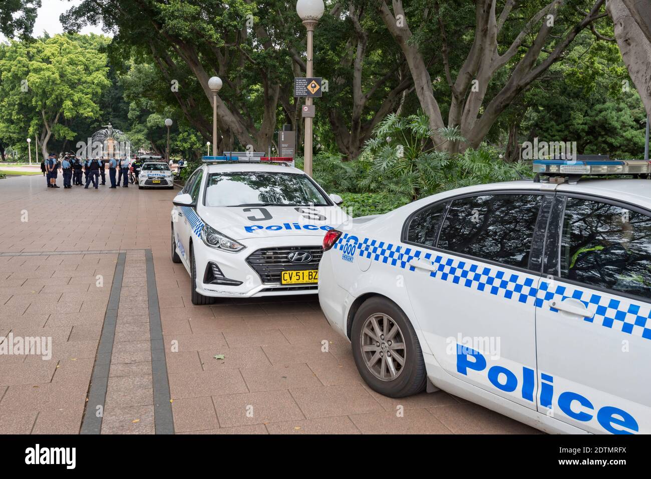 Police gathered and police cars parked near the Archbold Fountain in Hyde Park, Sydney, New South Wales, Australia Stock Photo