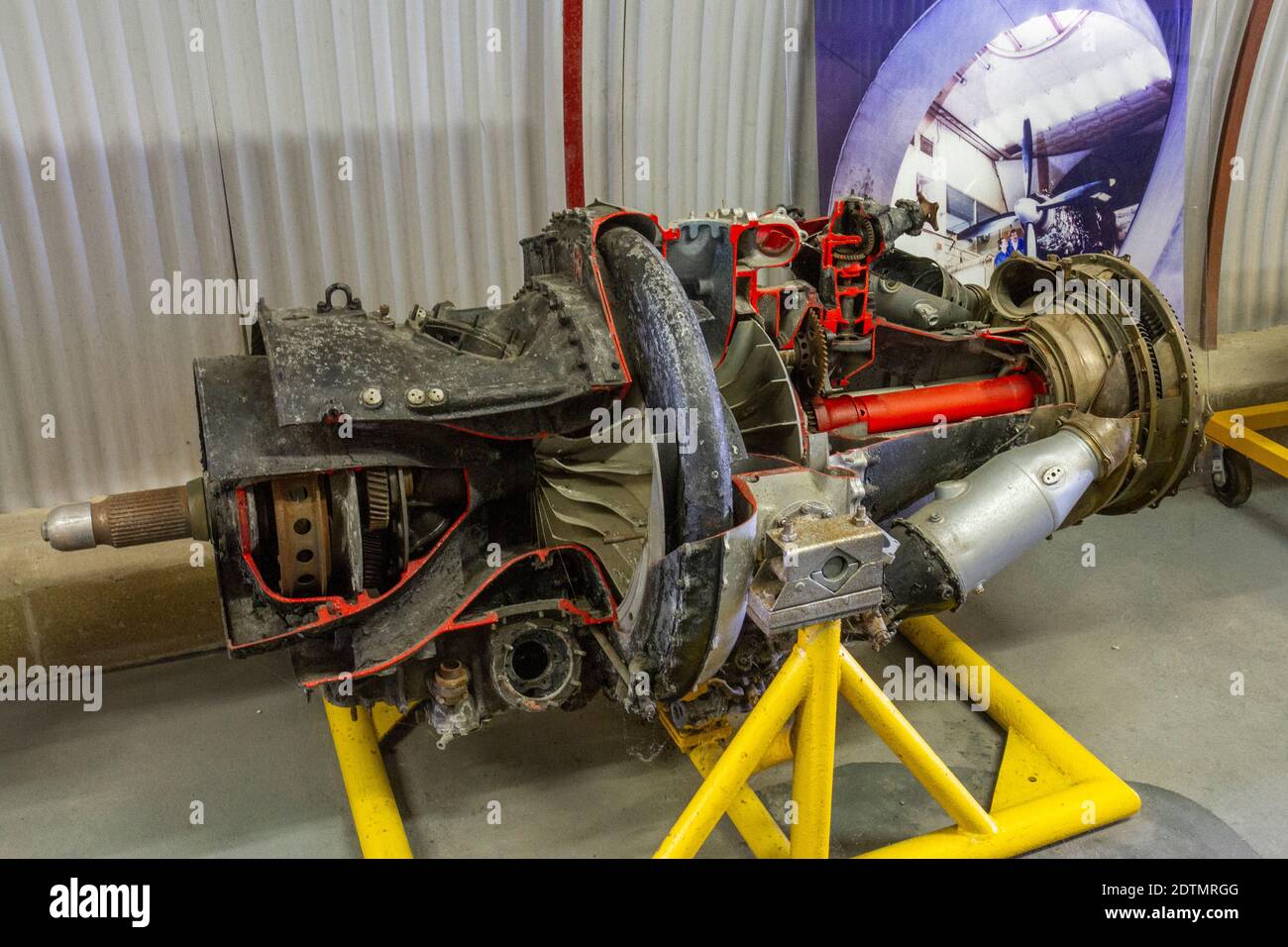 A Rolls Royce RB.53 Dart 101 turbojet engine, Building, Newark Air Museum, near Newark-on-Trent, Nottinghamshire, UK. Stock Photo