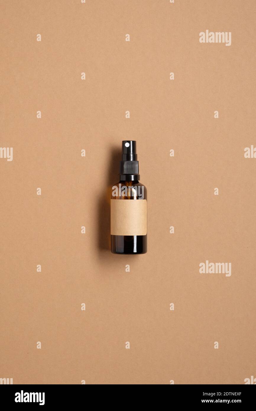 Download Amber Glass Spray Bottle With Blank Label Mockup On Brown Background Natural Cosmetics Packaging Design Flat Lay Top View Stock Photo Alamy