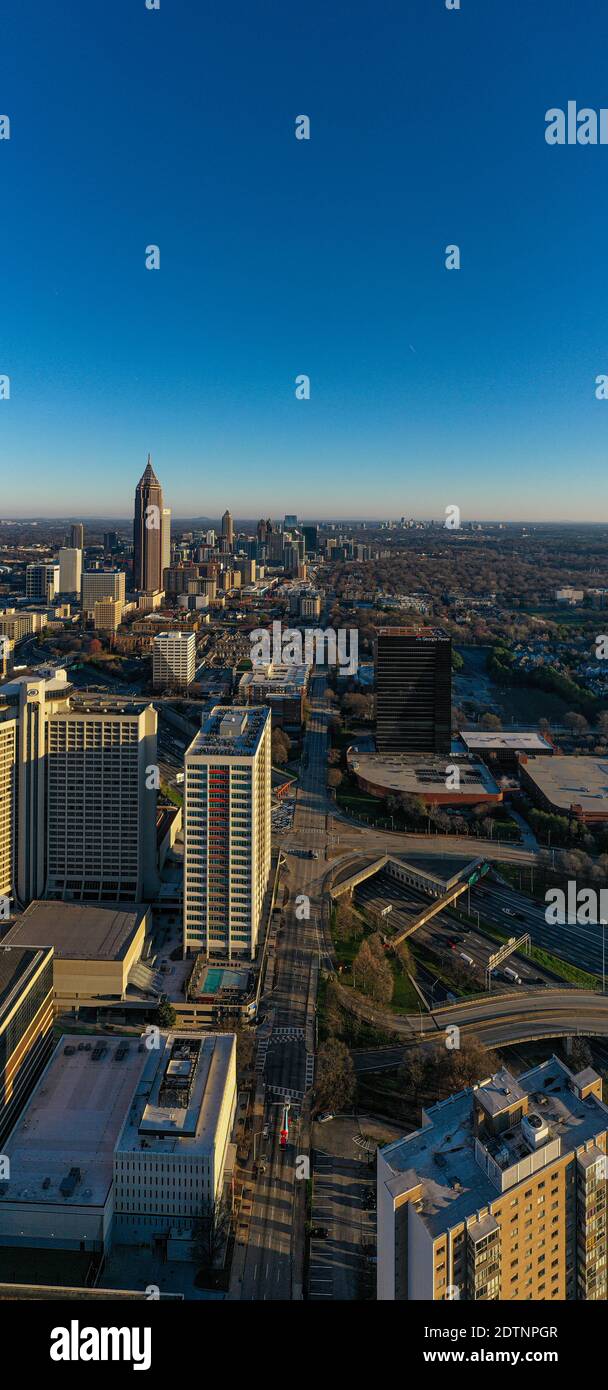Atlanta Downtown Skyline Aerial Vertical Panorama. USA, Atlanta 2020 , Georgia,  Stock Photo