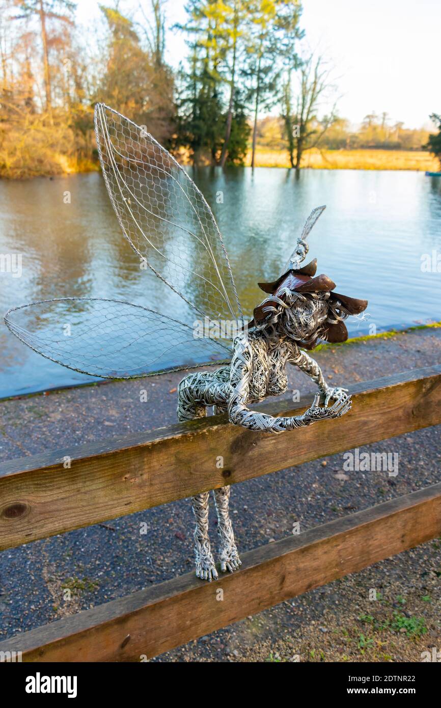 wire sculpture  on fence of fairy in Trentham Gardens, Stoke on Trent Stock Photo