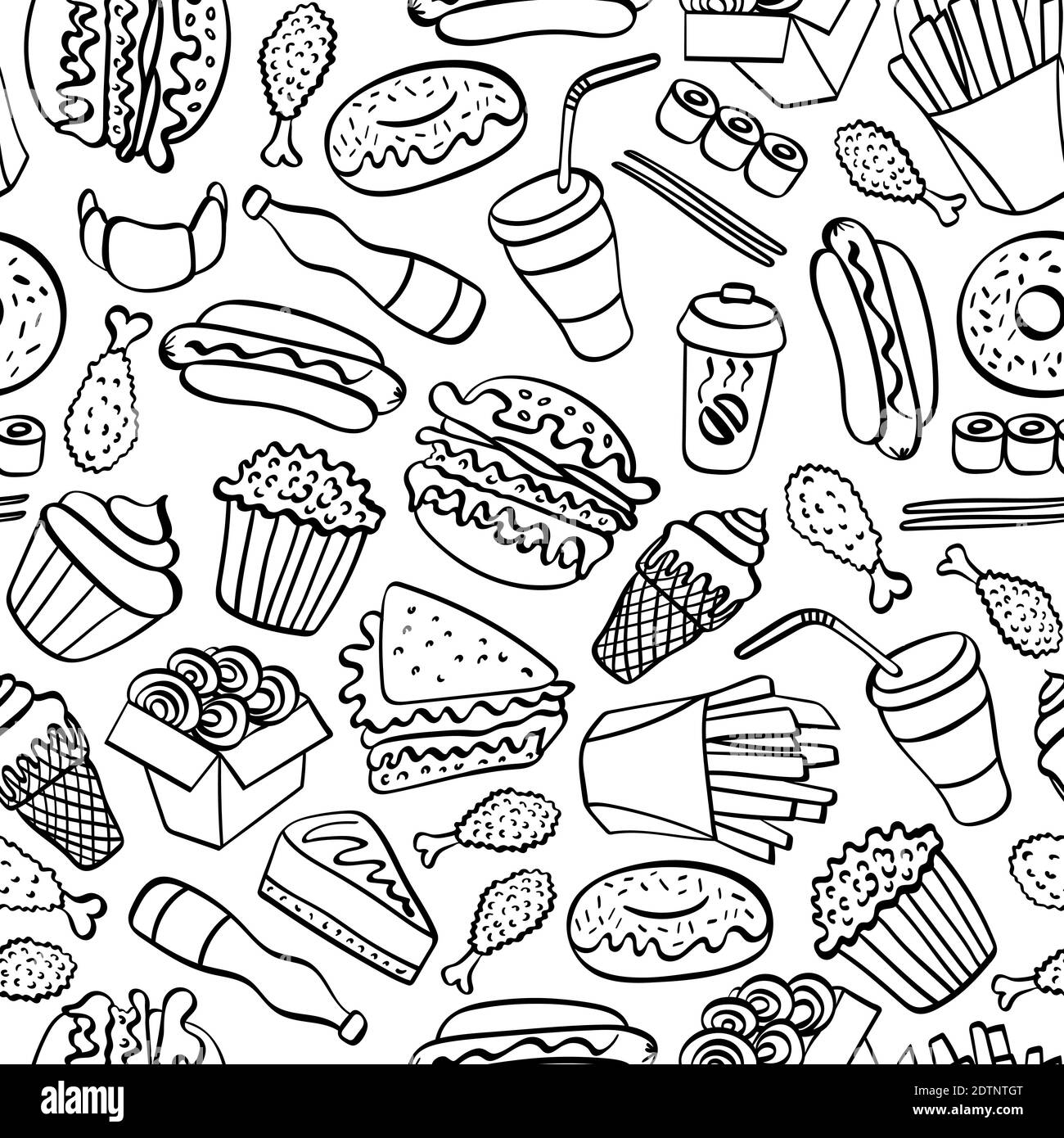 Fast food doodle seamless pattern. Hand drawn icons on white background.  Vector illustration Stock Vector Image & Art - Alamy