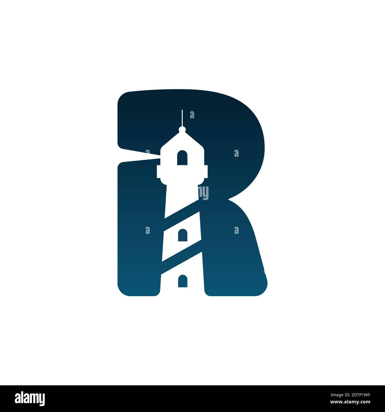 Letter R Lighthouse logo vector image. Lighthouse with letter R in negative space design logo vector image Stock Vector