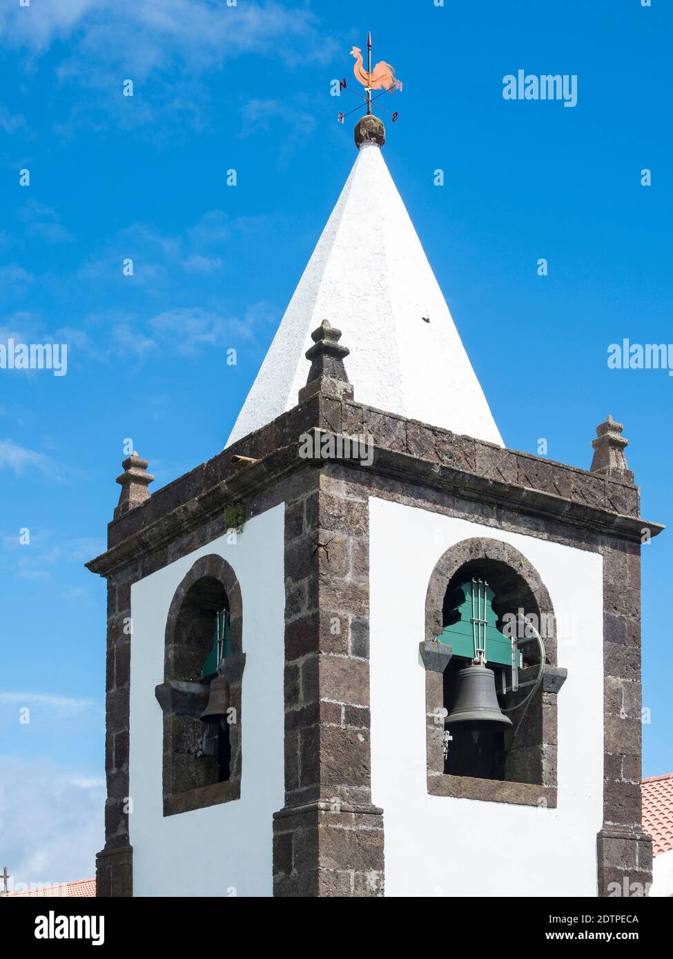 The church in Topo.  Sao Jorge Island, an island in the Azores (Ilhas dos Acores) in the Atlantic ocean. The Azores are an autonomous region of Portug Stock Photo