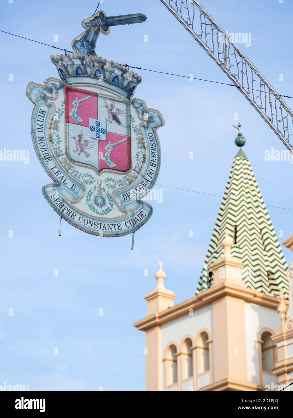 The Cathedral Se with street decoration. Religious and Folk festival Sanjoaninas, the biggest festival in the Azores. Capital Angra do Heroismo, liste Stock Photo