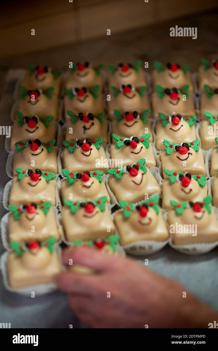 22nd December 2020 Alex Dalgetty & Sons - Artisan Bakers Scottish Borders, Scotland, UK. Christmas news - Photo essay   Alex Dalgetty & Sons - Artisan Bakers based in Galashiels are very busy in the run uptown Christmas and the festivities.  Photos show bakers finishing of a large tray of festive Rudolph the Red Nosed Reindeer  iced Christmas fairy cakes.  Photo Phil Wilkinson / Alamy Live News Stock Photo