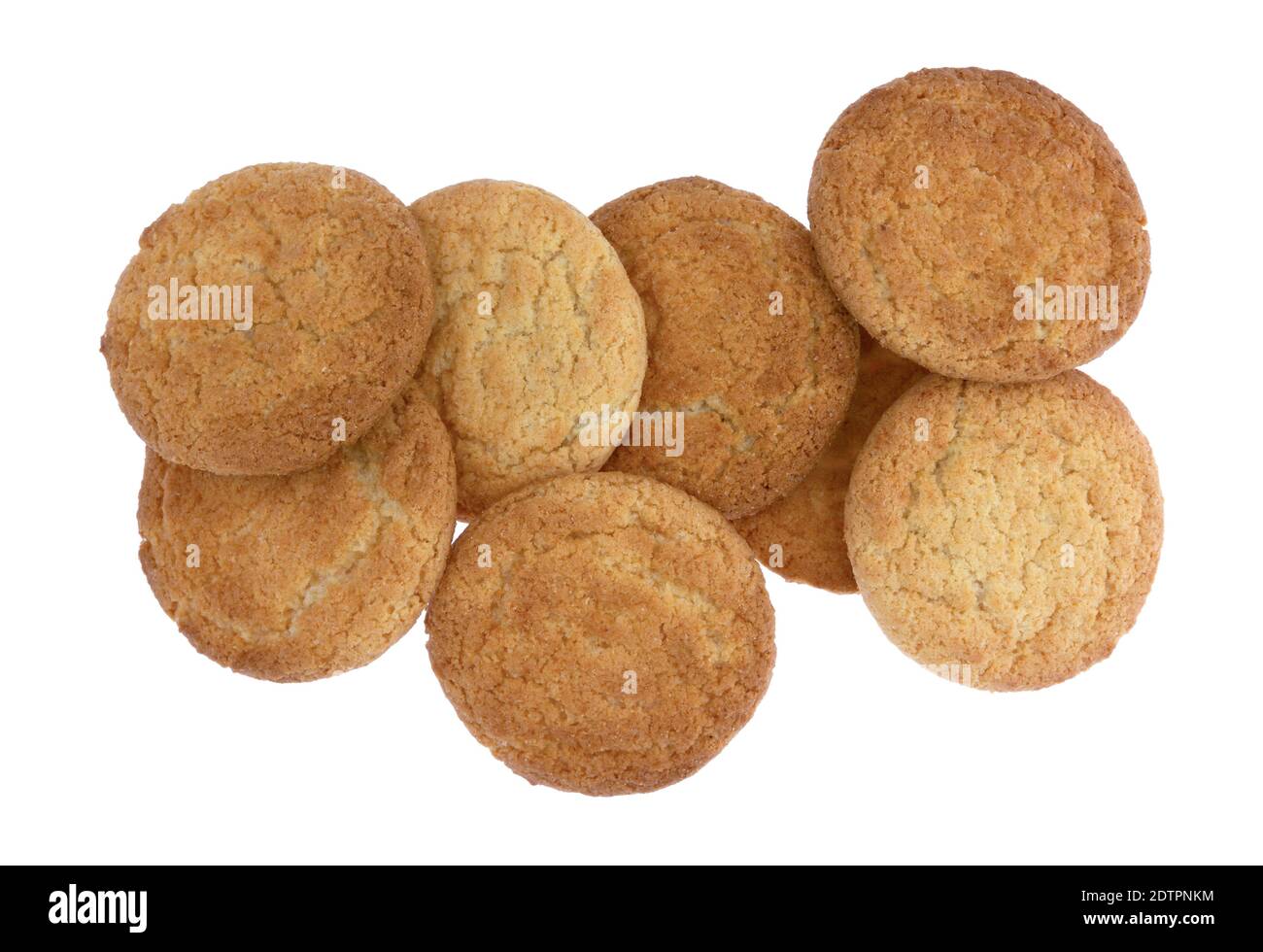 Top view of a group of coconut flavor cookies isolated on a white background. Stock Photo