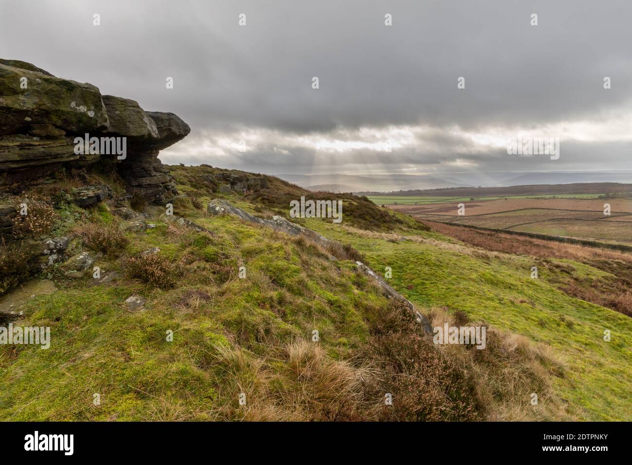 View south in the valley from White Edge, Peak District National Park - Baslow, Peak District, Derbyshire Dales, Derbyshire, England, UK Stock Photo
