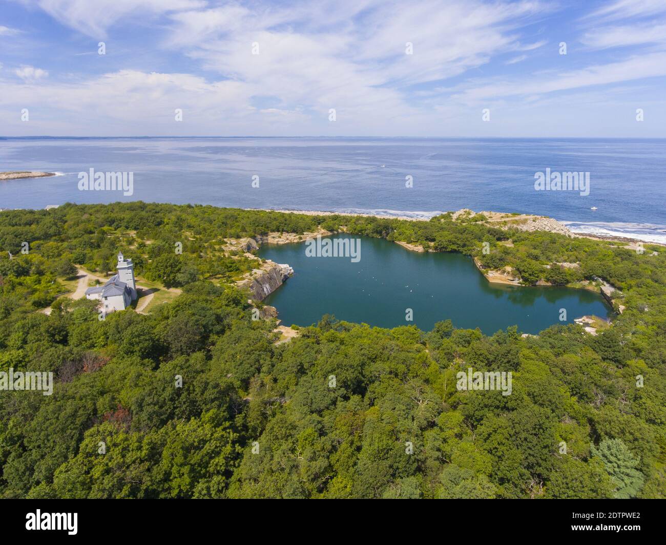 Halibut Point State Park and grainy quarry aerial view and the coast aerial view in town of Rockport, Massachusetts MA, USA. Stock Photo