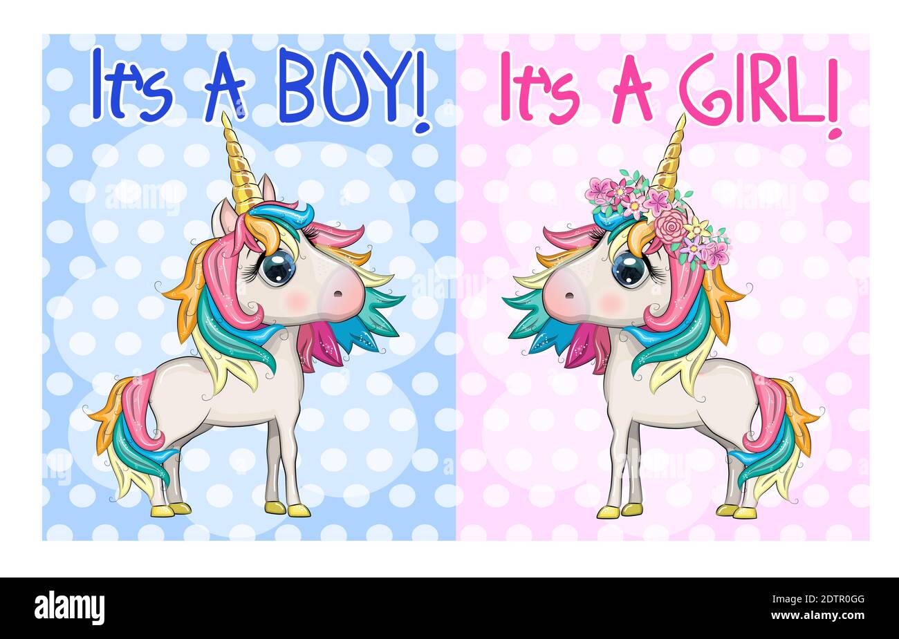 Baby Shower Greeting Card with cute Cartoon Unicorn girl and boy Stock ...