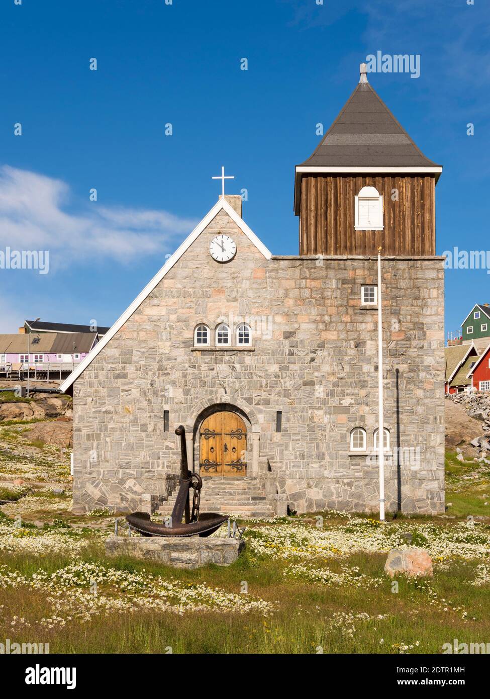 The church. The town Uummannaq in the north of West Greenland, located on an island  in the Uummannaq Fjord System. America, North America, Greenland Stock Photo