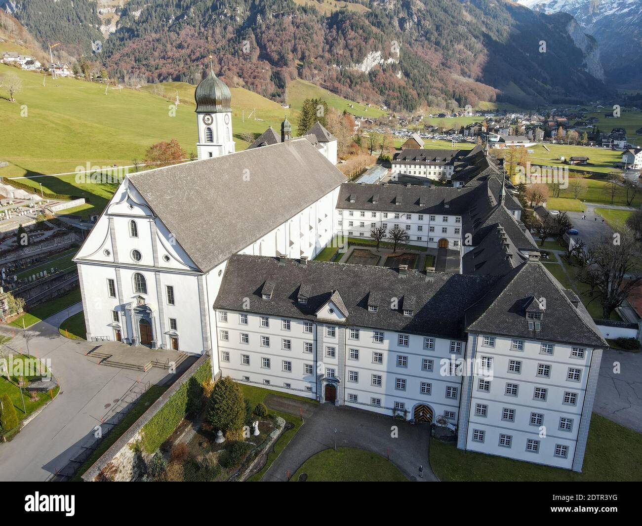 Aerial view at the convent of Engelberg on the Swiss Alps Stock Photo ...
