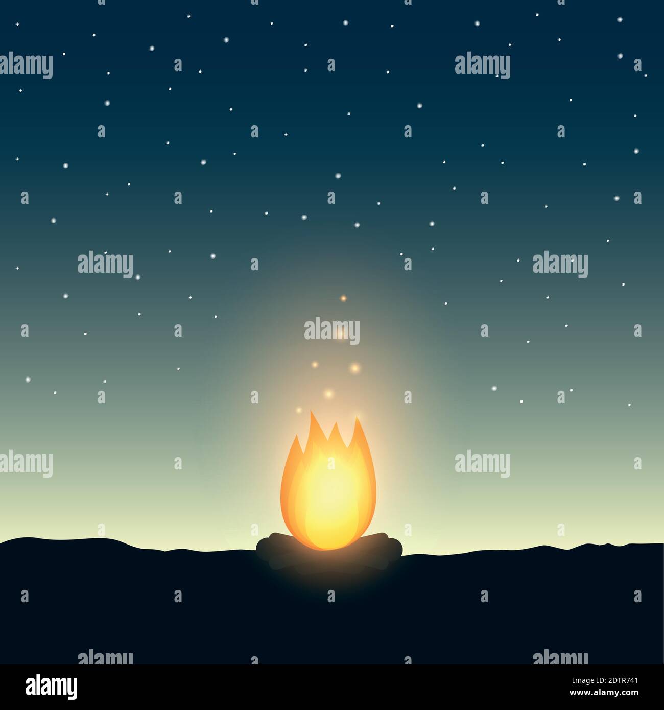 campfire by night and starry sky wildlife adventure vector illustration EPS10 Stock Vector