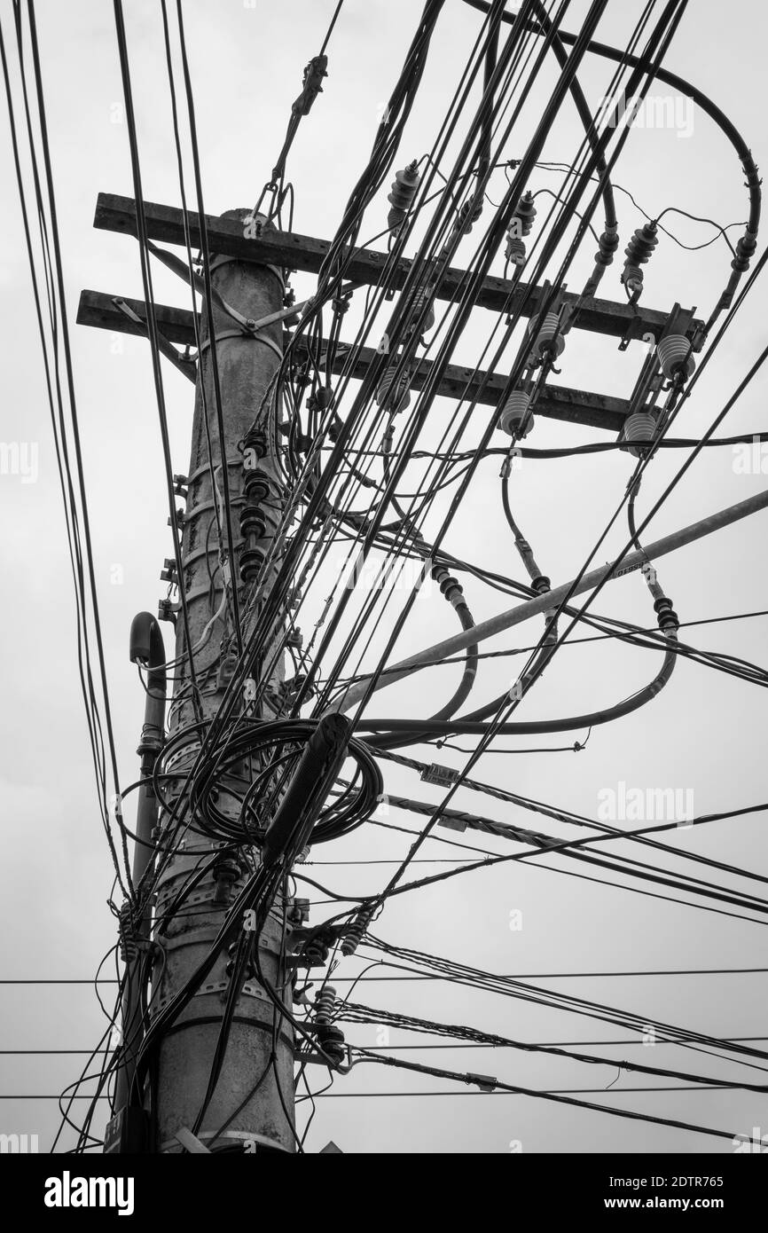 Electric pole many wires Black and White Stock Photos & Images - Alamy
