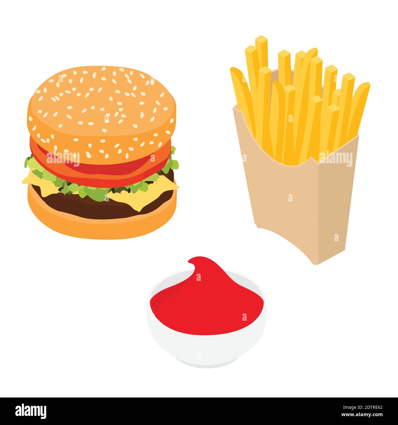 Burger, french fries and tomato ketchup in a bowl isolated on white