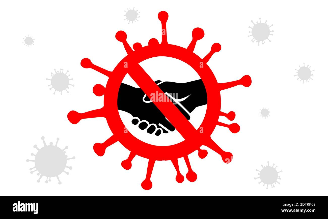Warning signs spread of virus by shaking hands with infected hands. No handshake, coronavirus prevention concept. COVID 19 spread, don't shake hands. Stock Photo