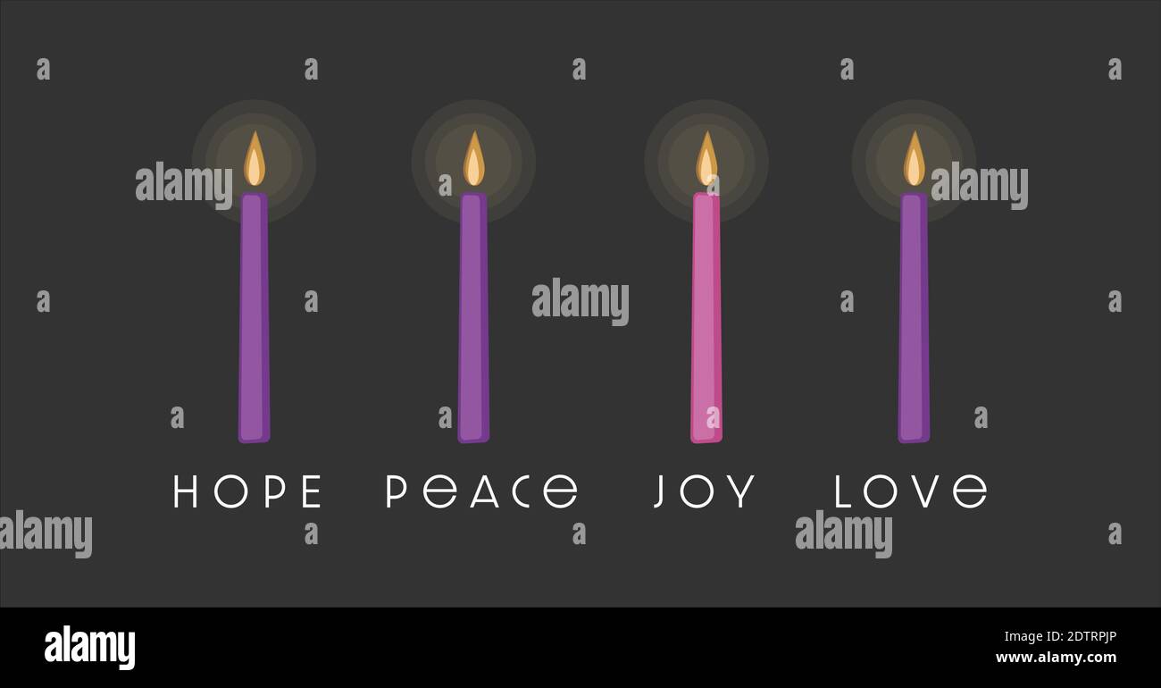 The four purple and pink candles of Advent season symbolize hope, peace, love, and joy. Stock Vector