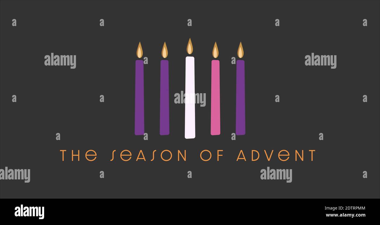 The Season of Advent is symbolize by the four purple and pink candles of Advent plus the candle of Christ in the center. Stock Vector