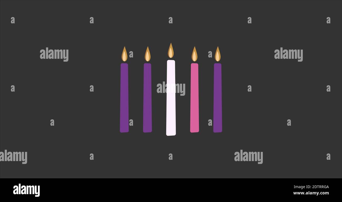 Four purple and pink candles of Advent plus the candle of Christ in the center. Stock Vector