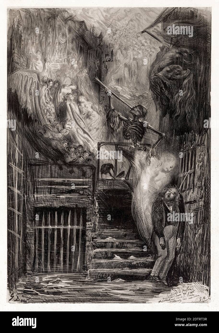 La Rue de la Vieille Lanterne: The Suicide of Gérard de Nerval, lithograph by Gustave Doré, 1855 Stock Photo
