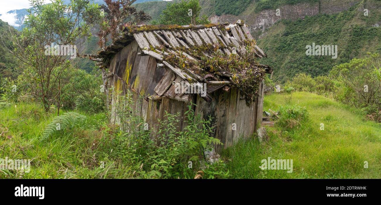 Abandoned hut in mountain pastures above the Rio Verde Chico Valley near Banos on the Amazonian slopes of the Andes in Ecuador. Stock Photo