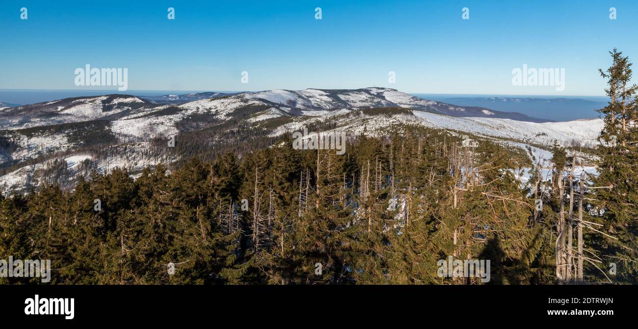 View to Skrzyczne hill from Barania Gora hill summit in winter Beskid Slaski mountains in Poland Stock Photo