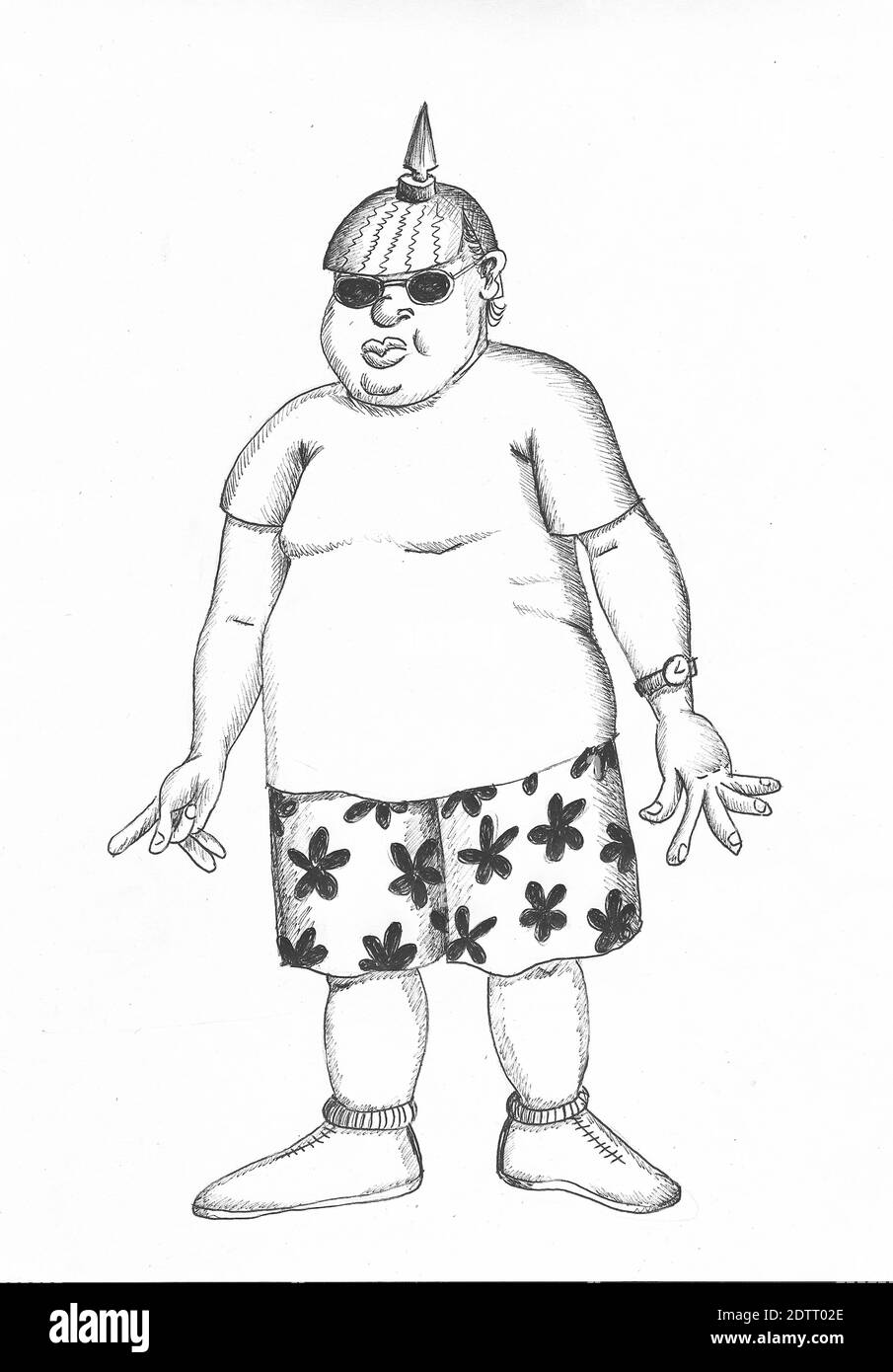 Eccentric man wearing flowered bermuda shorts and Prussian helmet. Illustration. Stock Photo