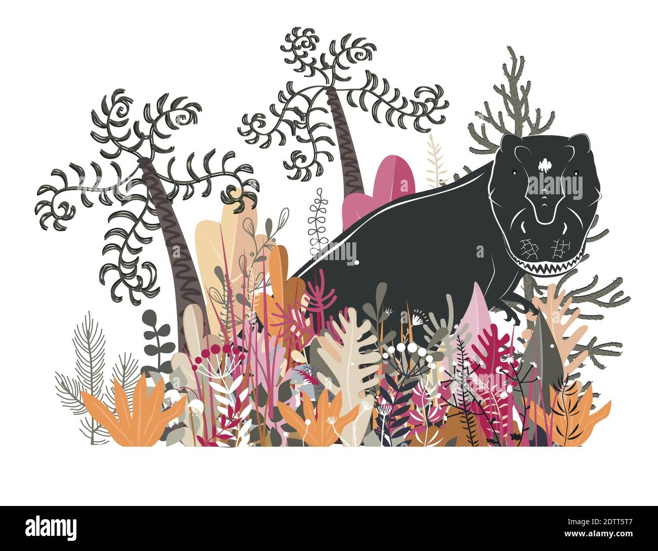 Cute tyrannosaurus in the jungle. Dinosaur in the rainforest, vector illustration. Happy T-rex character cartoon art isolated on white background Stock Vector