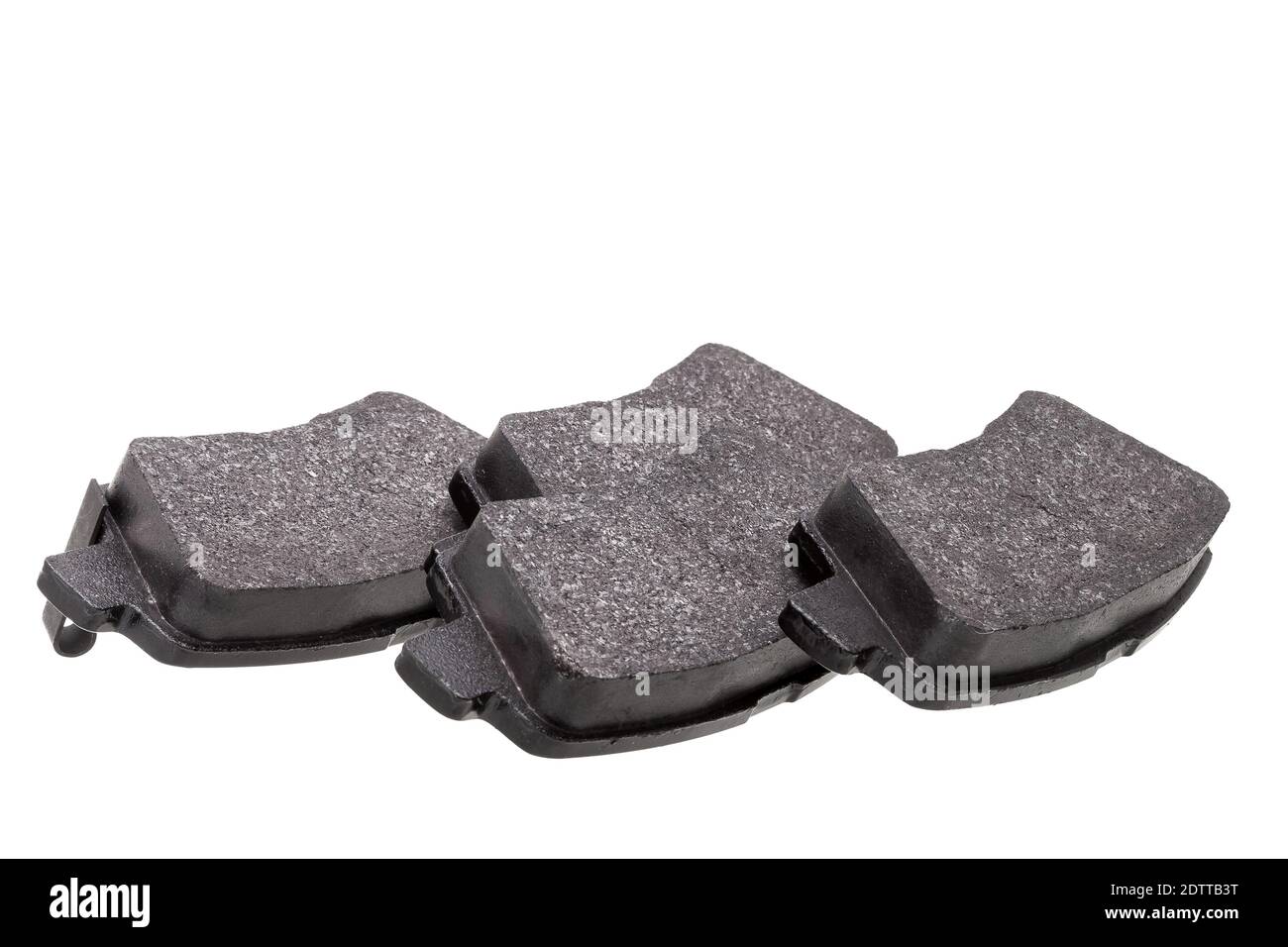 set of brake pads car spare parts, vehicle objects kit of brake shoes isolated on white background side view, nobody. Stock Photo