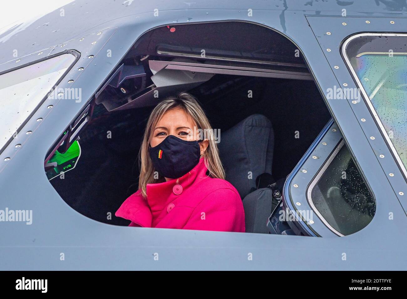 Defence minister Ludivine Dedonder pictured at the arrival of an A400M transport airplane of the Belgian Defence, at the military airport in Melsbroek Stock Photo