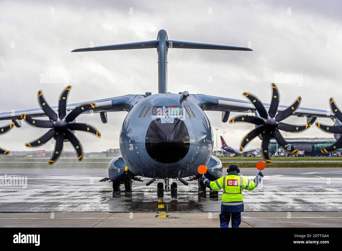 Illustration picture shows the arrival of an A400M transport airplane of the Belgian Defence, at the military airport in Melsbroek, Steenokkerzeel, Tu Stock Photo