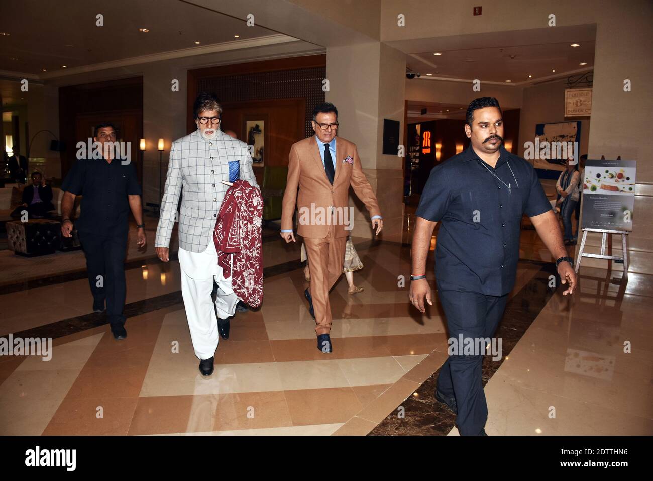 Actor Boman Irani (R) with actor Amitabh Bachchan (L) seen at the launch of Irani's production house ''Irani Movietone'' at hotel JW Marriott juhu, Mu Stock Photo